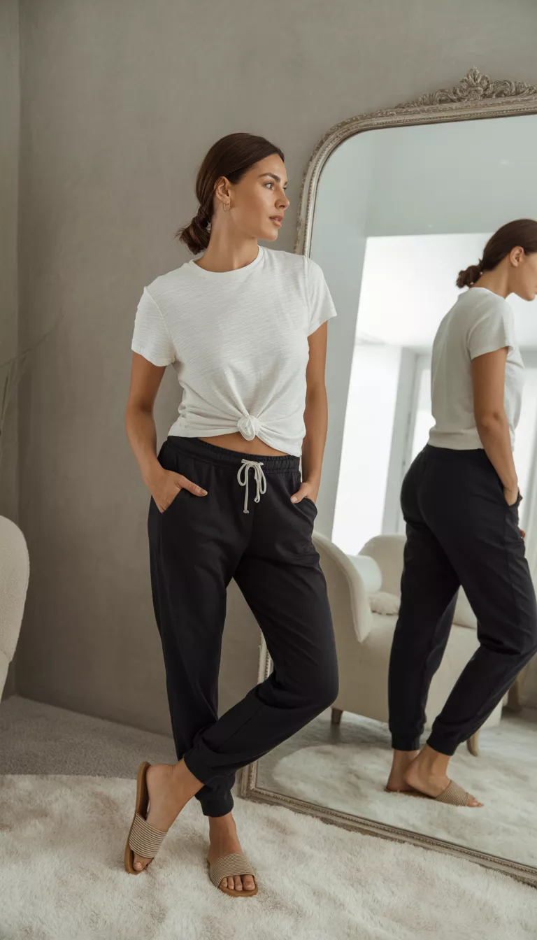 A beautiful woman in a knotted white t-shirt, black drawstring joggers, and tan slide sandals, takes a mirror selfie indoors.