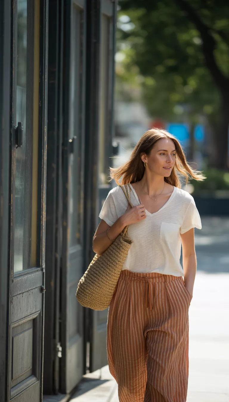 A beautiful woman in a white t-shirt, rust-striped linen trousers, and a woven tote bag, walks outside near a dark storefront.