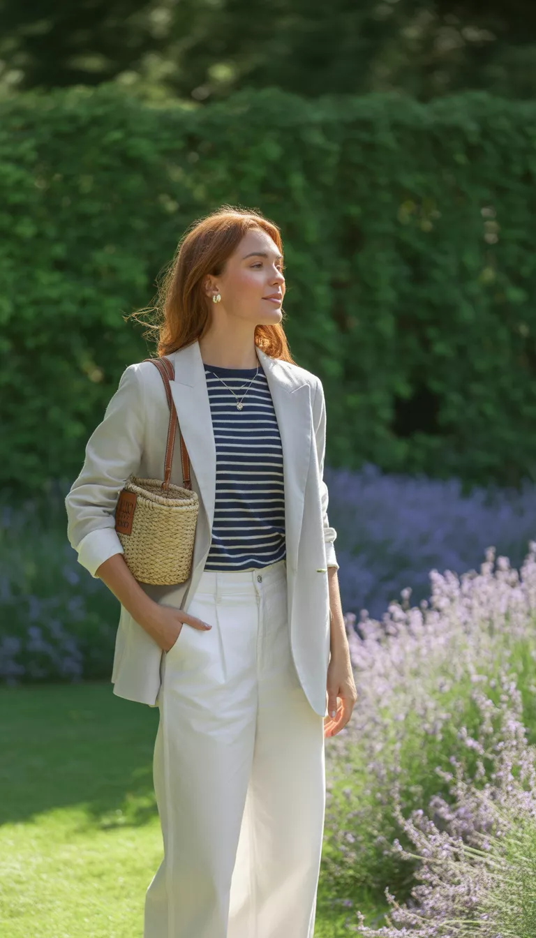 A beautiful woman in white wide-leg trousers, a striped navy top, a light beige blazer, and a small woven Loewe basket bag, stands outdoors.