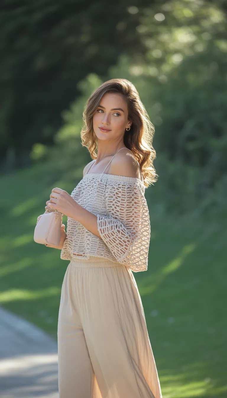 A beautiful woman in a lacy white off-the-shoulder top, flowing beige wide-leg pants, and a small pink purse, stands in a sunlit outdoor setting.