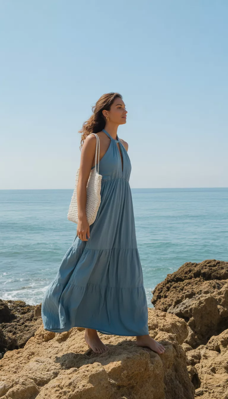 A beautiful woman in a voluminous dusty blue halter maxi dress, she holds a white woven bag and stands on coastal rocks with the ocean and a sunny sky backdrop.
