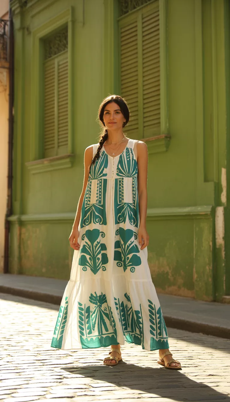 A beautiful woman in a white maxi dress with bold green folk art inspired patterns, she wears leather sandals and stands on a street near a weathered green building.