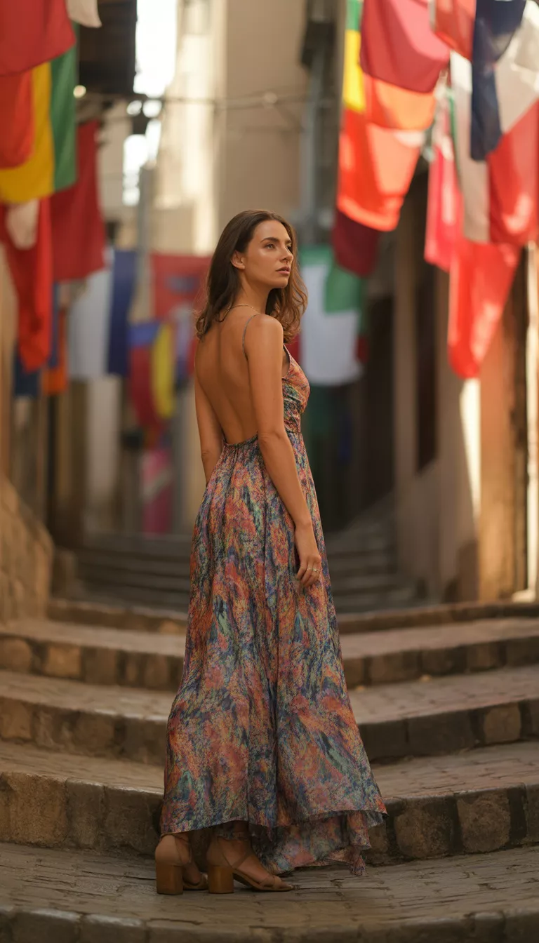 A beautiful woman in a backless multicolored abstract floral maxi dress, she is photographed from behind on weathered stone steps in an alley framed by draped flags.