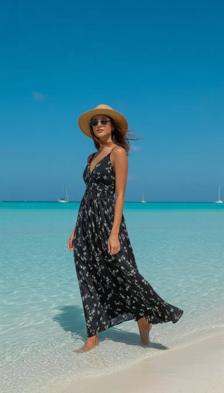 A beautiful woman in a black maxi dress with white floral print, she wears a straw hat and sunglasses while standing on the beach.