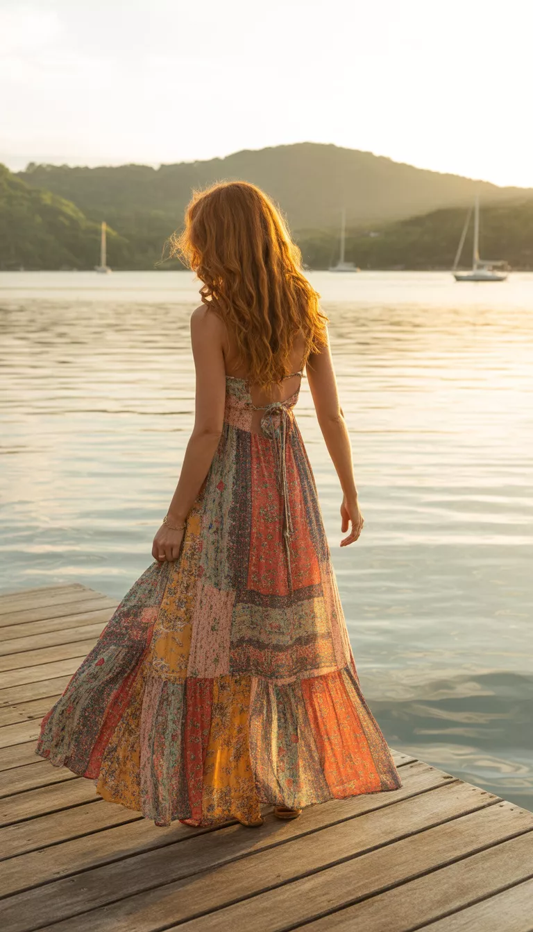 A beautiful woman in a colorful bohemian patchwork print maxi dress that ties at the back, she stands on a wooden deck facing away overlooking a waterfront area.