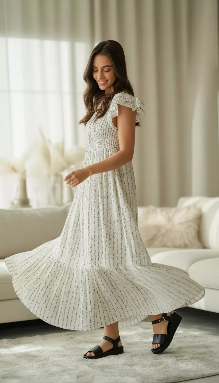 A beautiful woman in a white maxi dress featuring all-over black script print and ruffled cap sleeves, she wears black platform sandals and twirls indoors.