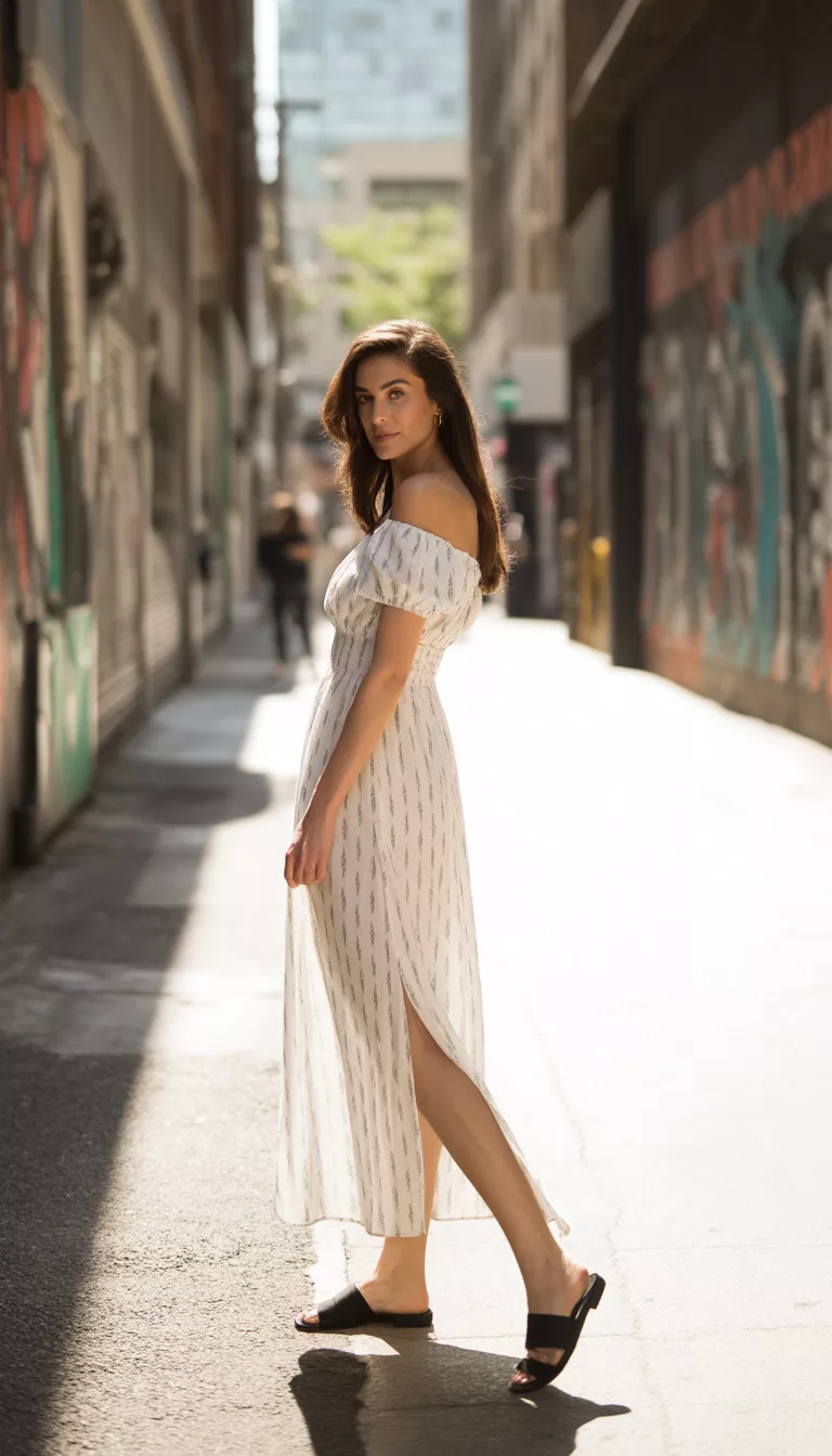 A beautiful woman in an off the shoulder white maxi dress with a subtle floral print and high side slits, she wears black slide sandals in an urban setting.