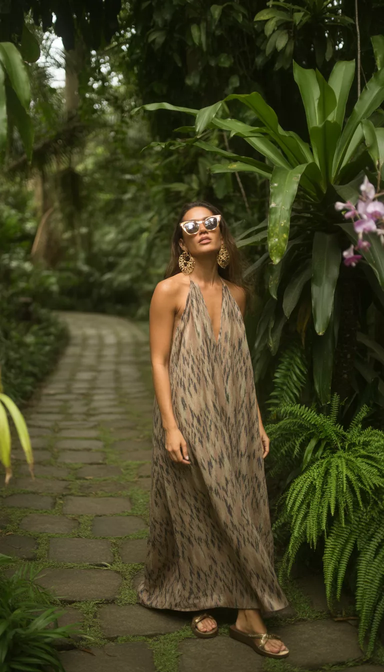 A beautiful woman in an earthy toned tribal style ikat print halter maxi dress, she wears sunglasses and large earrings on a cobblestone path amidst lush foliage.