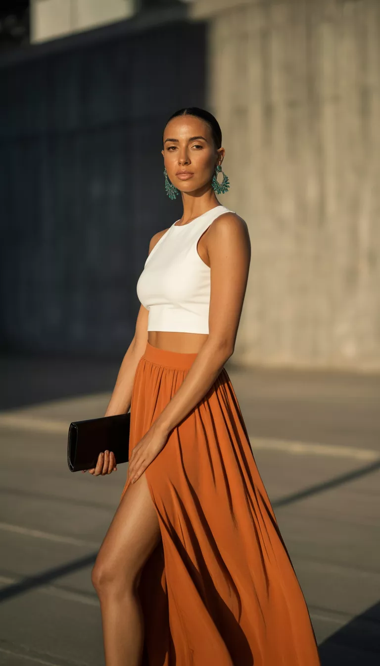 A beautiful woman in a white crop top and an orange rust-colored high-slit maxi skirt, she carries a small clutch and wears large turquoise statement earrings.