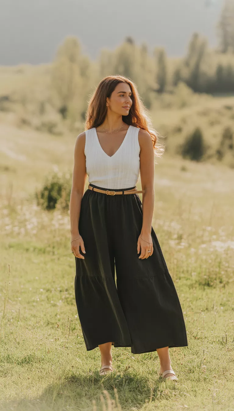A beautiful woman in a white V-neck sleeveless top and a voluminous black wide-leg maxi skirt, accented by a thin brown belt and beige sandals.