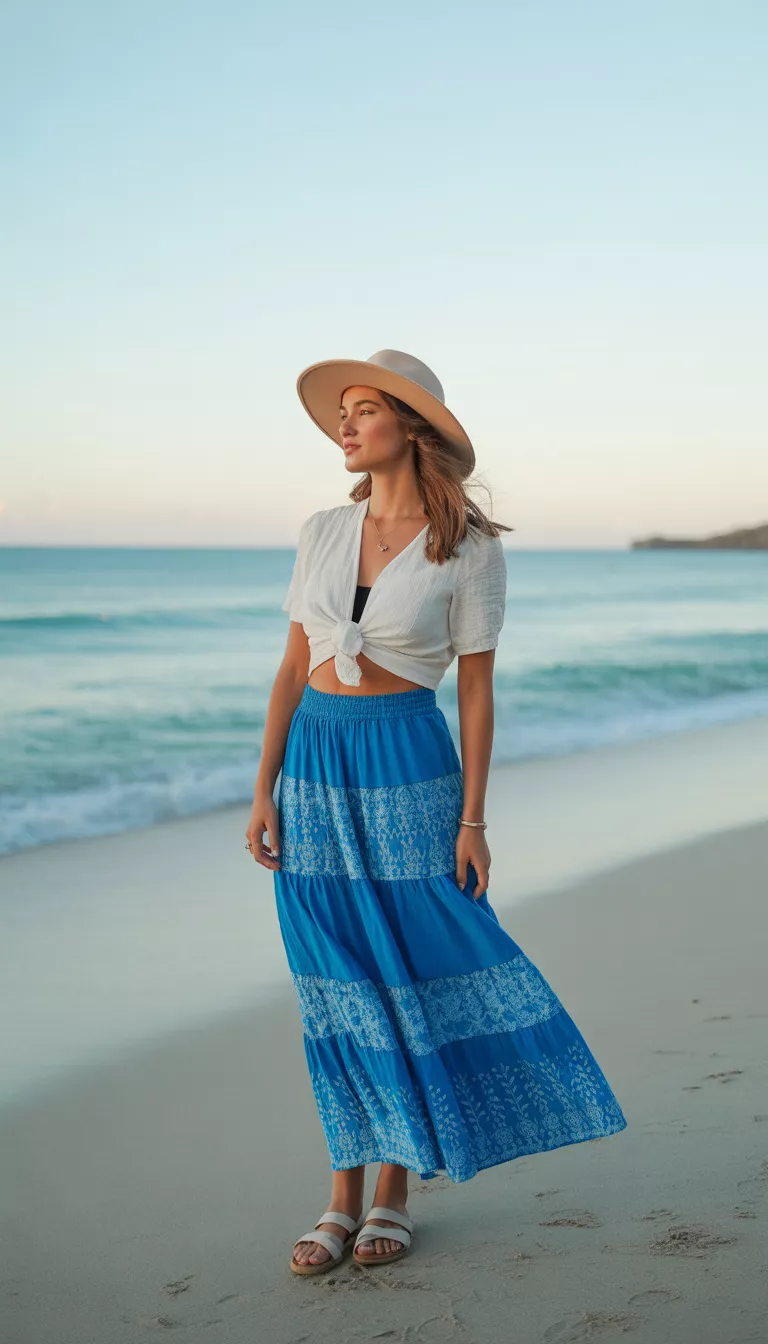 A beautiful woman in a white knotted crop top and a tiered blue maxi skirt with intricate batik patterns, she wears a floppy sun hat and simple leather sandals.