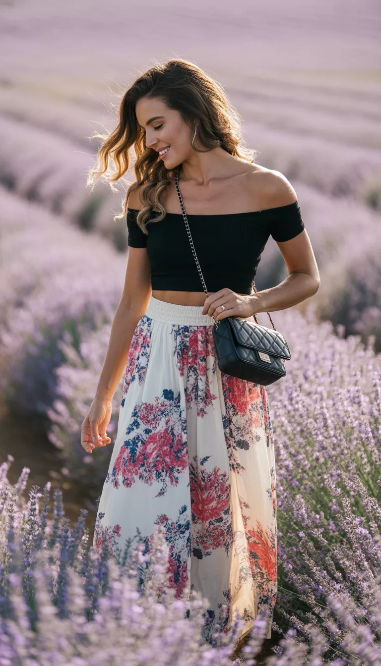 A beautiful woman in a black off-the-shoulder crop top and a sheer flowing white maxi skirt with a large pink and navy floral print, she carries a quilted black crossbody bag.