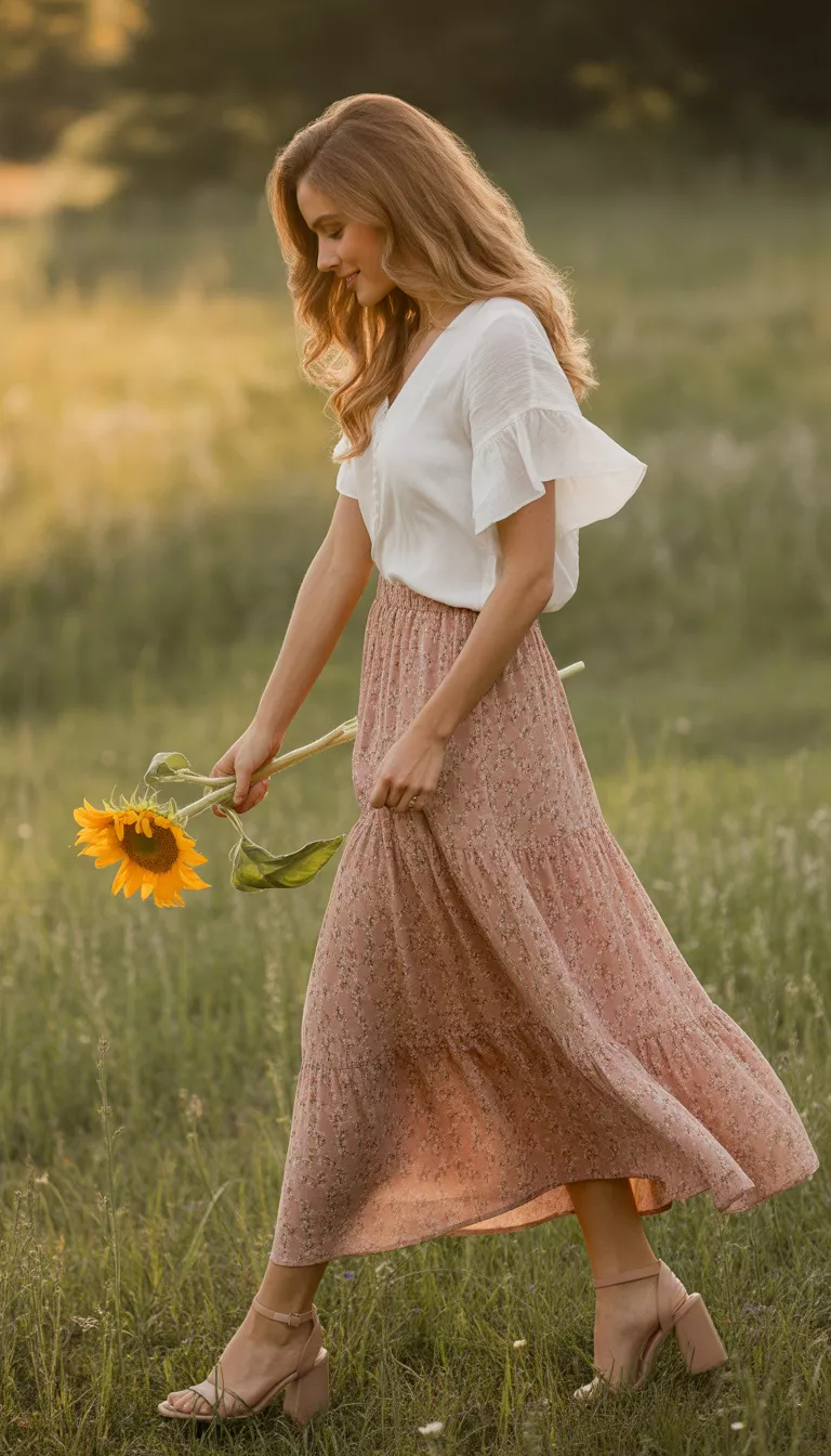 A beautiful woman in a white top with ruffled sleeves and a dusty rose-colored floral maxi skirt, she steps forward in nude strappy sandals.