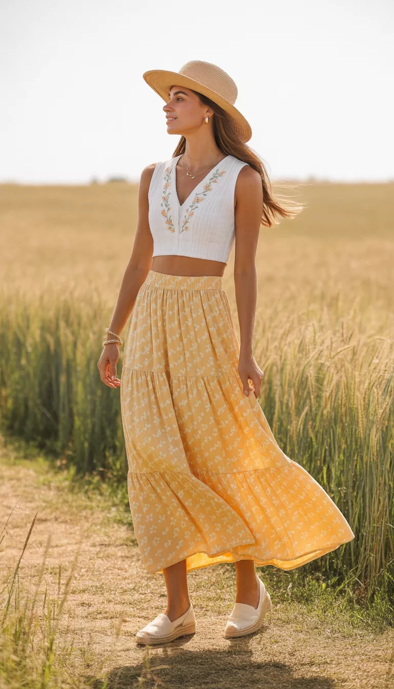 A beautiful woman in a white crop top with embroidered details and a flowing tiered yellow maxi skirt with a white floral pattern, she wears a straw hat and espadrilles.