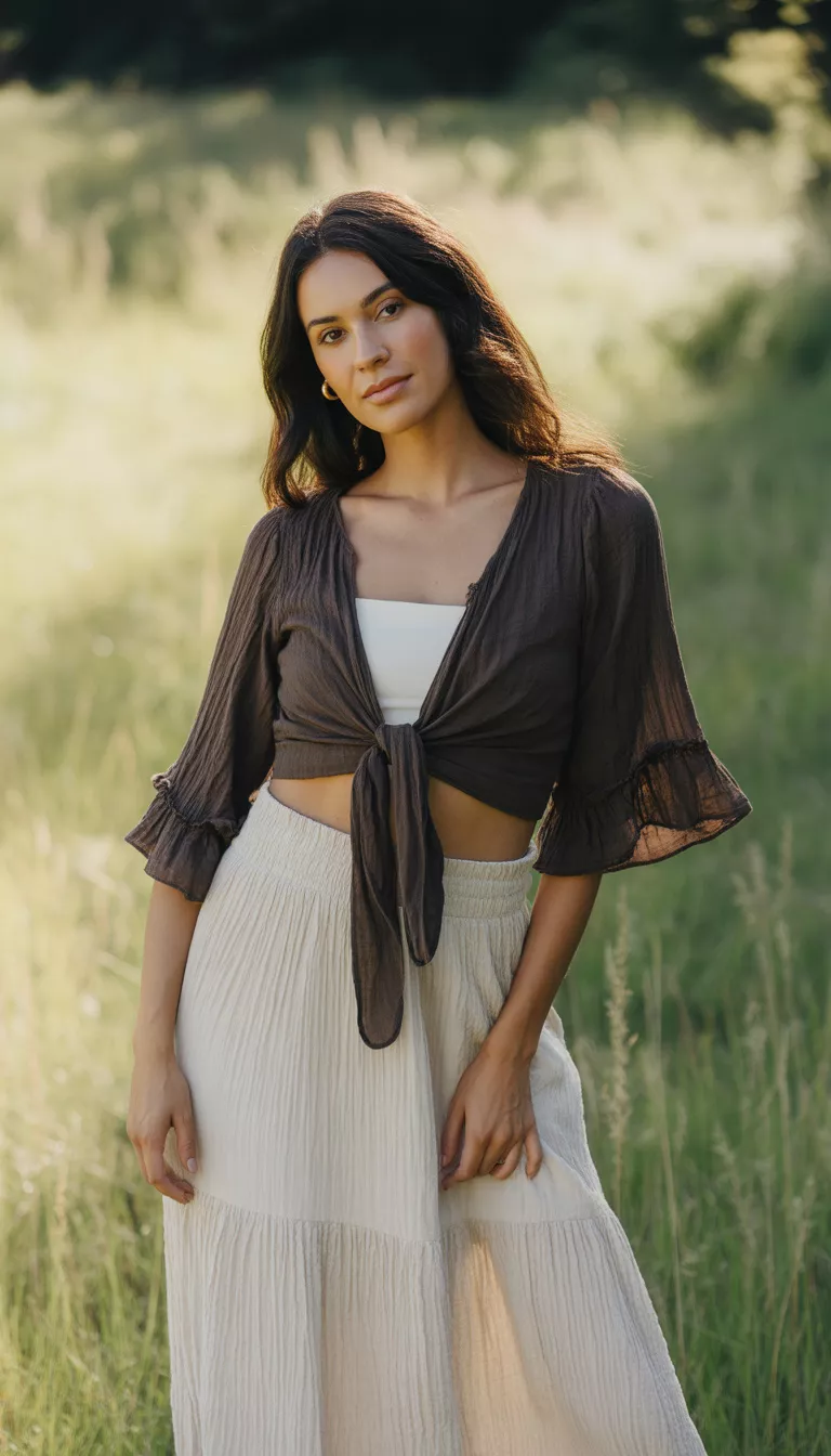 A beautiful woman in a dark brown tie-front sheer blouse with ruffled sleeves over a white bandeau and a tiered white crinkled maxi skirt.