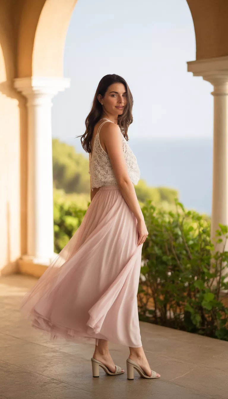 A beautiful woman in a white lace sleeveless top and a sheer flowing light pink tulle maxi skirt, posing on an outdoor Mediterranean-style porch with stone arches.