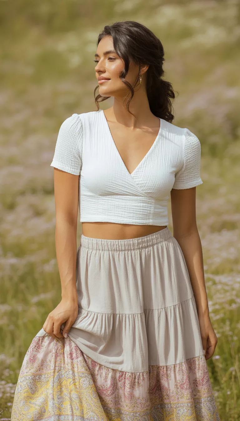 A beautiful woman in a white textured V-neck crop top and a multi-tiered light-colored maxi skirt with delicate pink, yellow, and blue paisley borders.