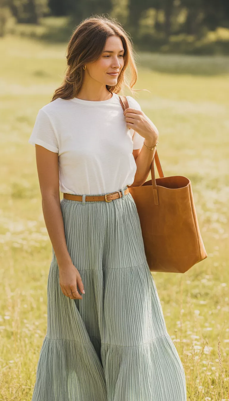 A beautiful woman in a tucked-in white t-shirt, a light brown belt, and tiered sage green striped maxi skirt, she holds a large brown leather tote while standing in a relaxed pose.