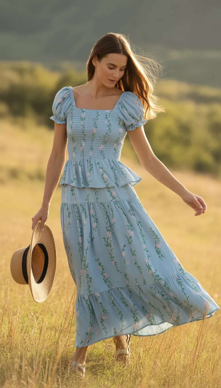 A beautiful woman in a two-piece set featuring a smocked blue peplum top and a matching blue maxi skirt with a pink and green floral vine print, walking in a grassy area.