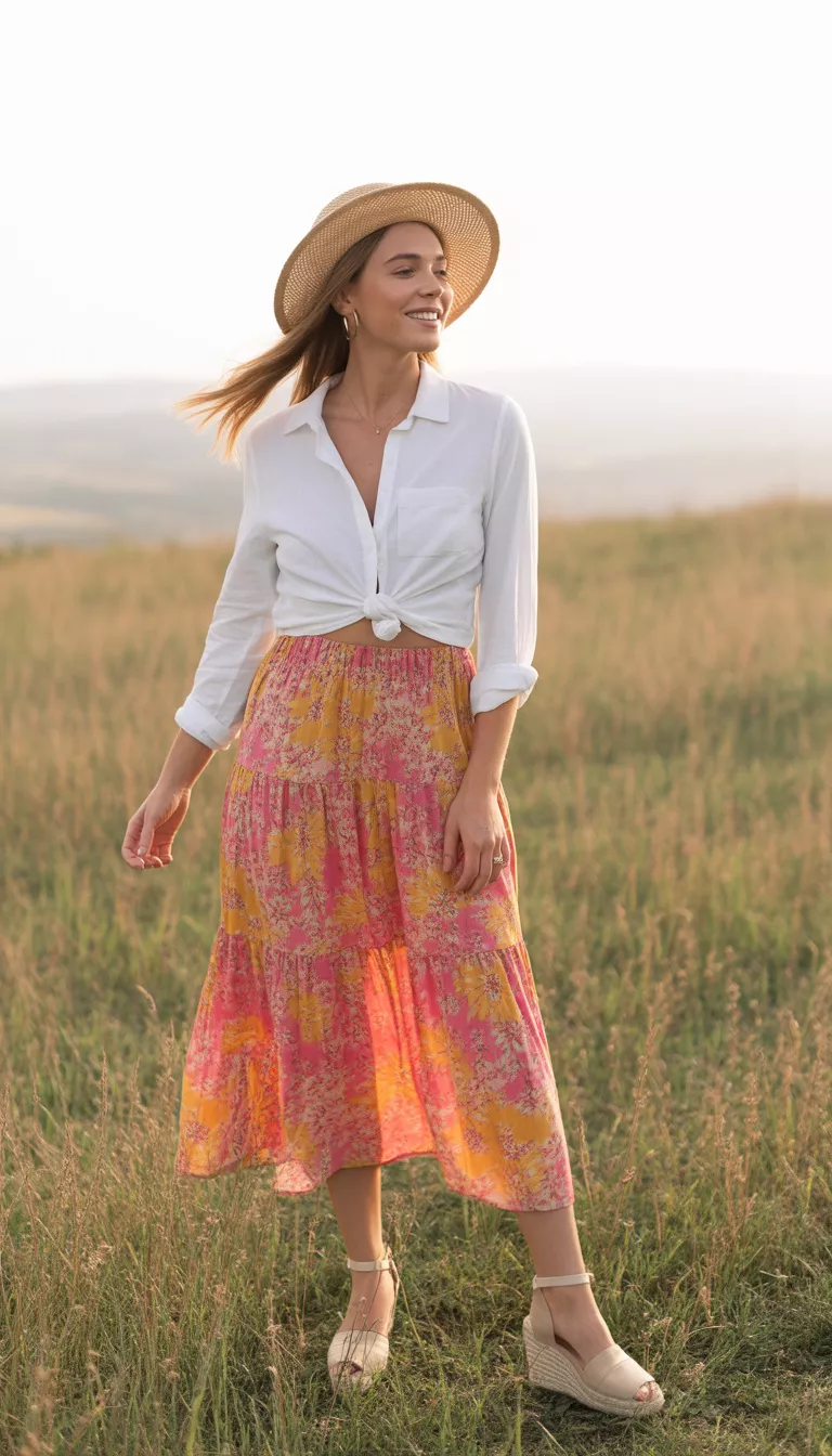 A beautiful woman in a white knotted button-down shirt and a vibrant pink and yellow floral print tiered maxi skirt, she wears espadrille wedges and a straw hat.