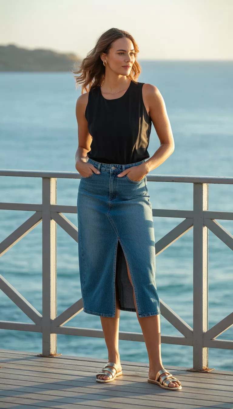 A beautiful woman in a black sleeveless top, a denim midi skirt with a front slit, and gold flat sandals, standing on a grey deck.