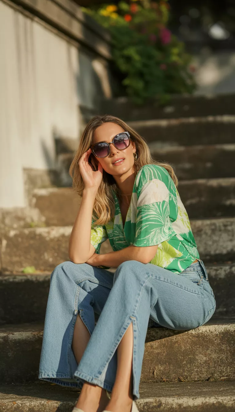 A beautiful woman in a green and white floral top, distressed slit-hem jeans, and large sunglasses, sitting on concrete steps.