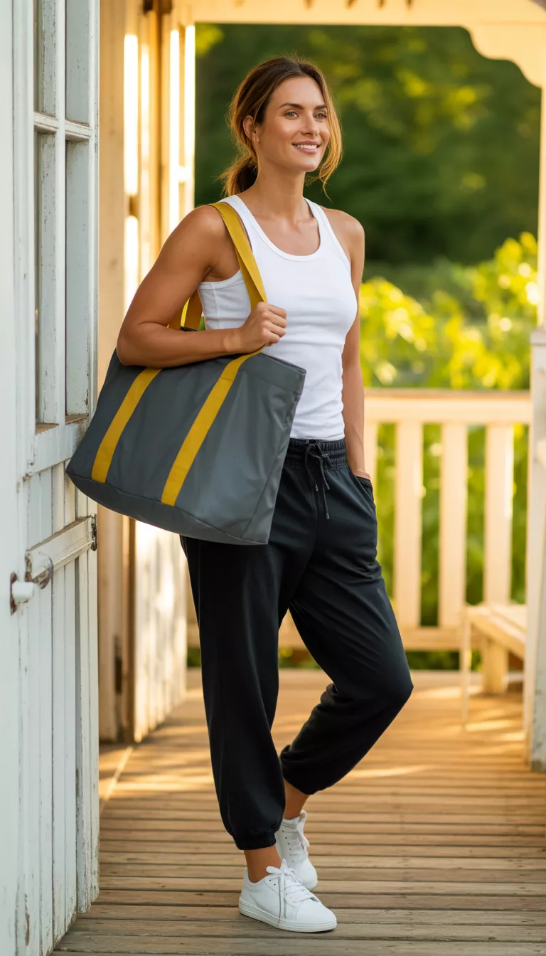 A beautiful woman in a white tank top, black joggers, a large gray and yellow-strapped tote, and white sneakers, standing on a porch.