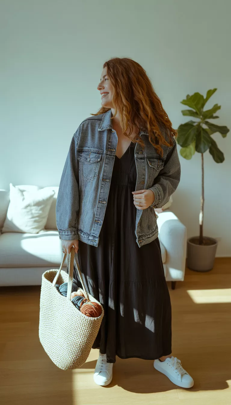 A beautiful woman in a black maxi dress, a distressed denim jacket, and white sneakers, holding a woven tote bag inside a room.