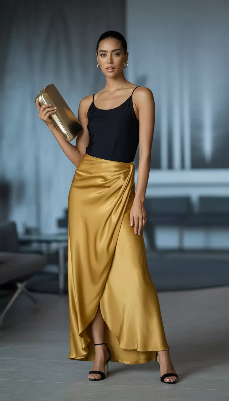 A realistic photo of a woman in a black tank top and a high slit mustard yellow satin wrap maxi skirt with a gold clutch and black ankle strap heels.