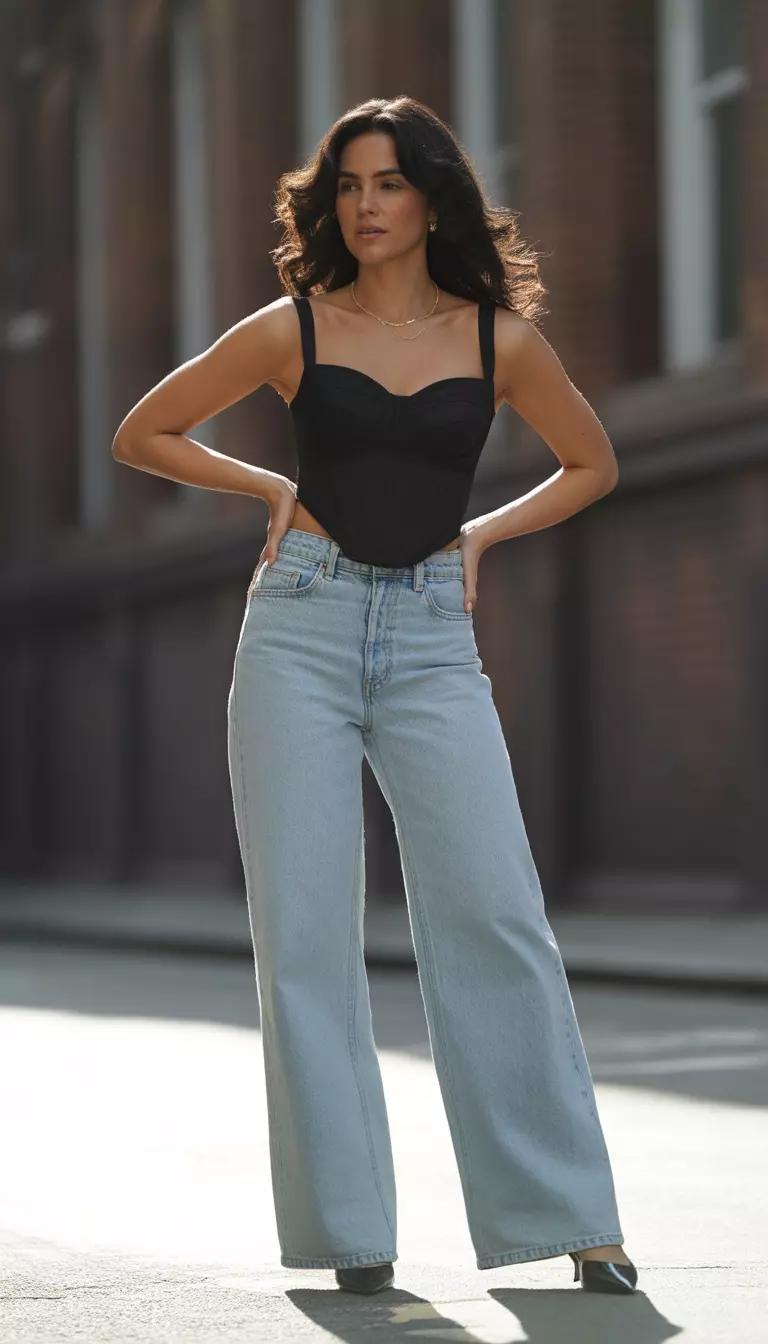 A realistic photo of a woman in a black sweetheart neckline corset top and very light wash wide leg low rise jeans with black pointed toe shoes.
