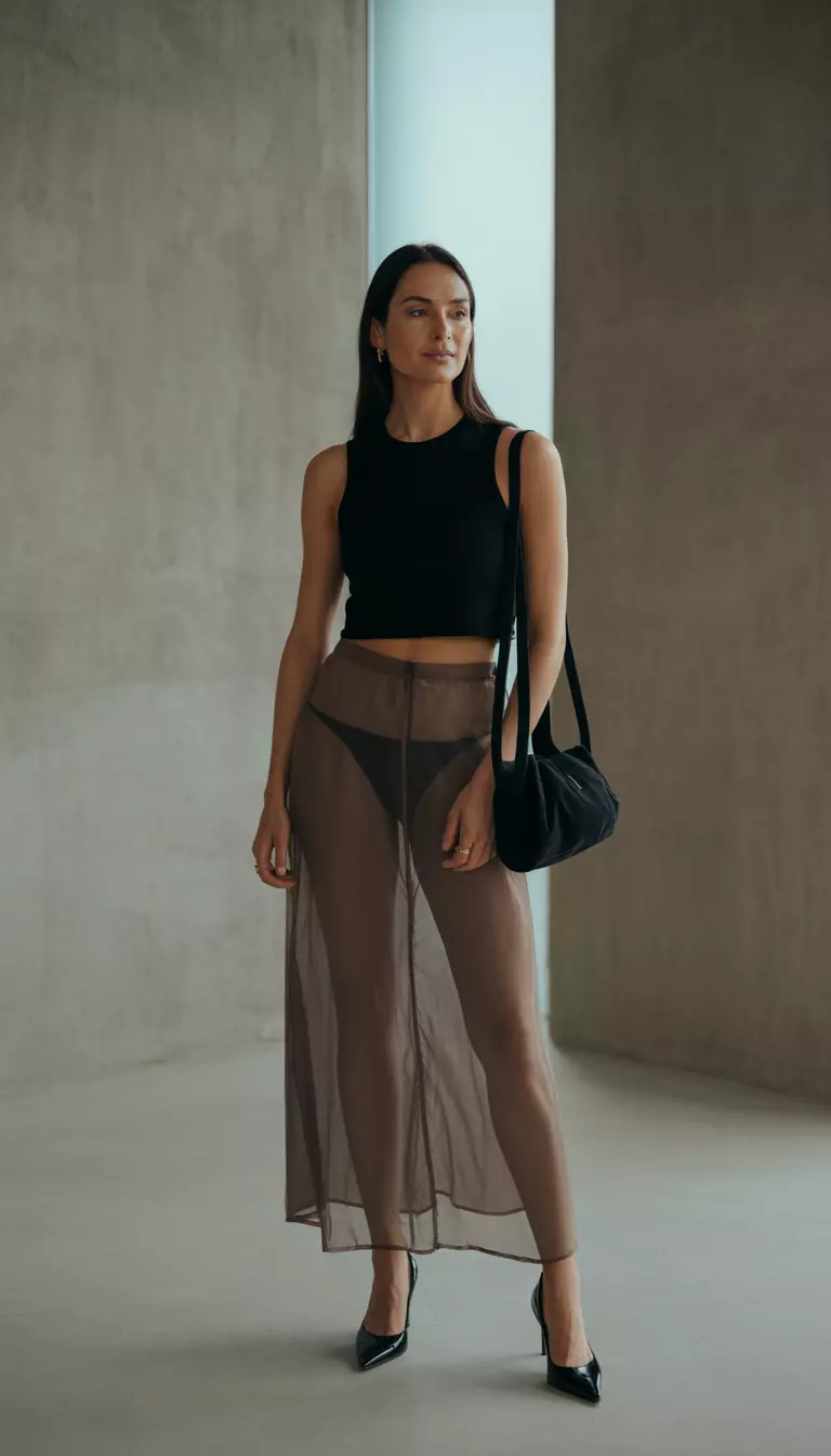 A realistic photo of a woman wearing a sleeveless black crop top and a long sheer brown skirt over black undergarments with black pointed heels and a small black bag.