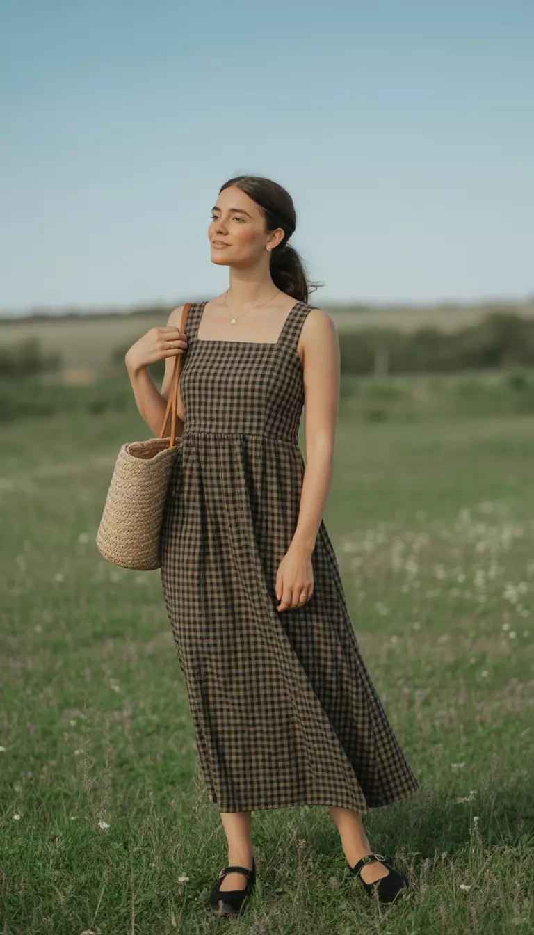 A realistic photo of a woman in a black and tan gingham print square neck maxi dress and black Mary Jane shoes with a woven straw tote bag.