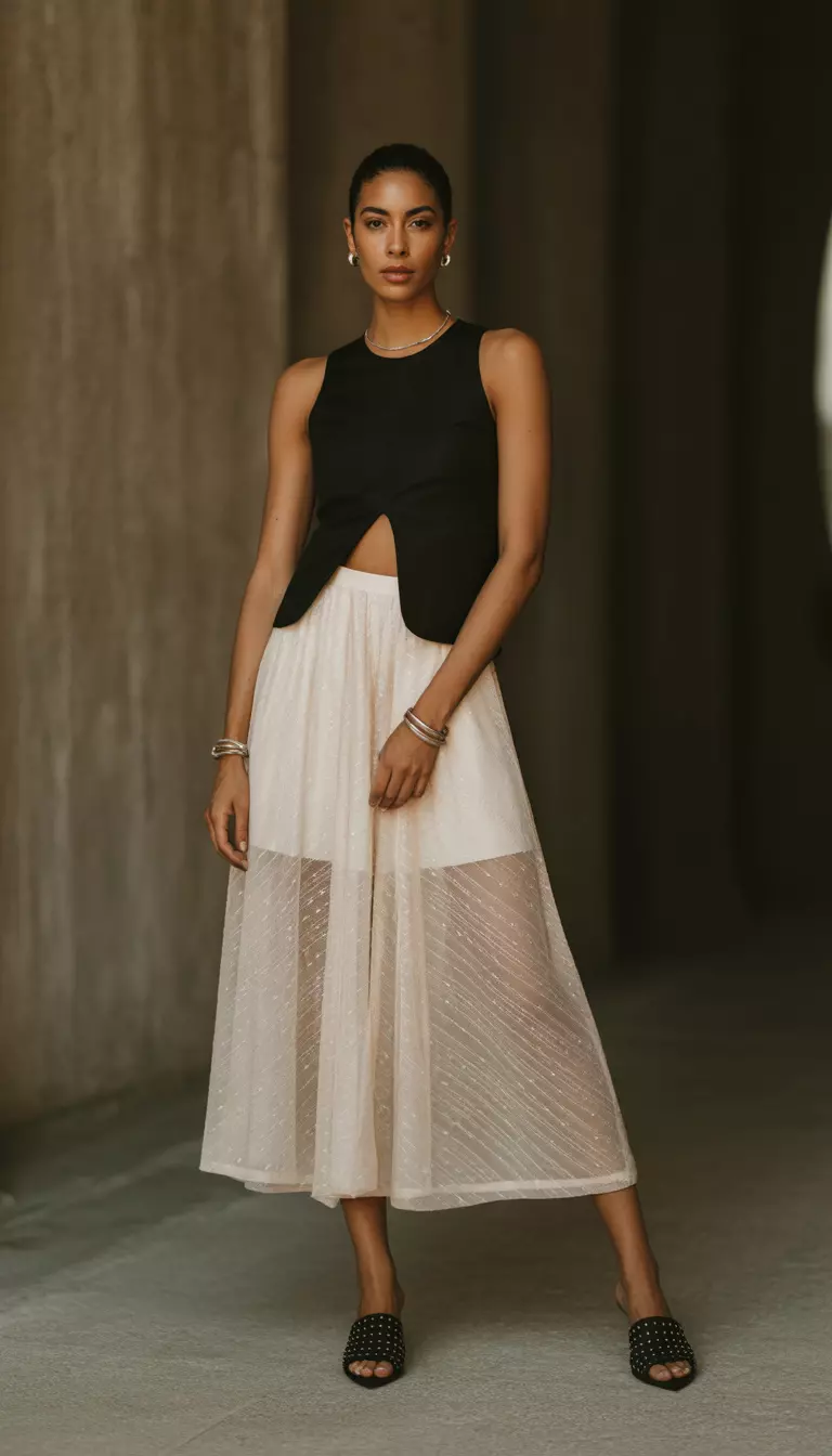 A realistic photo of a woman wearing a black cut out sleeveless top and a sheer white lace midi skirt with black studded mules and small silver jewelry.