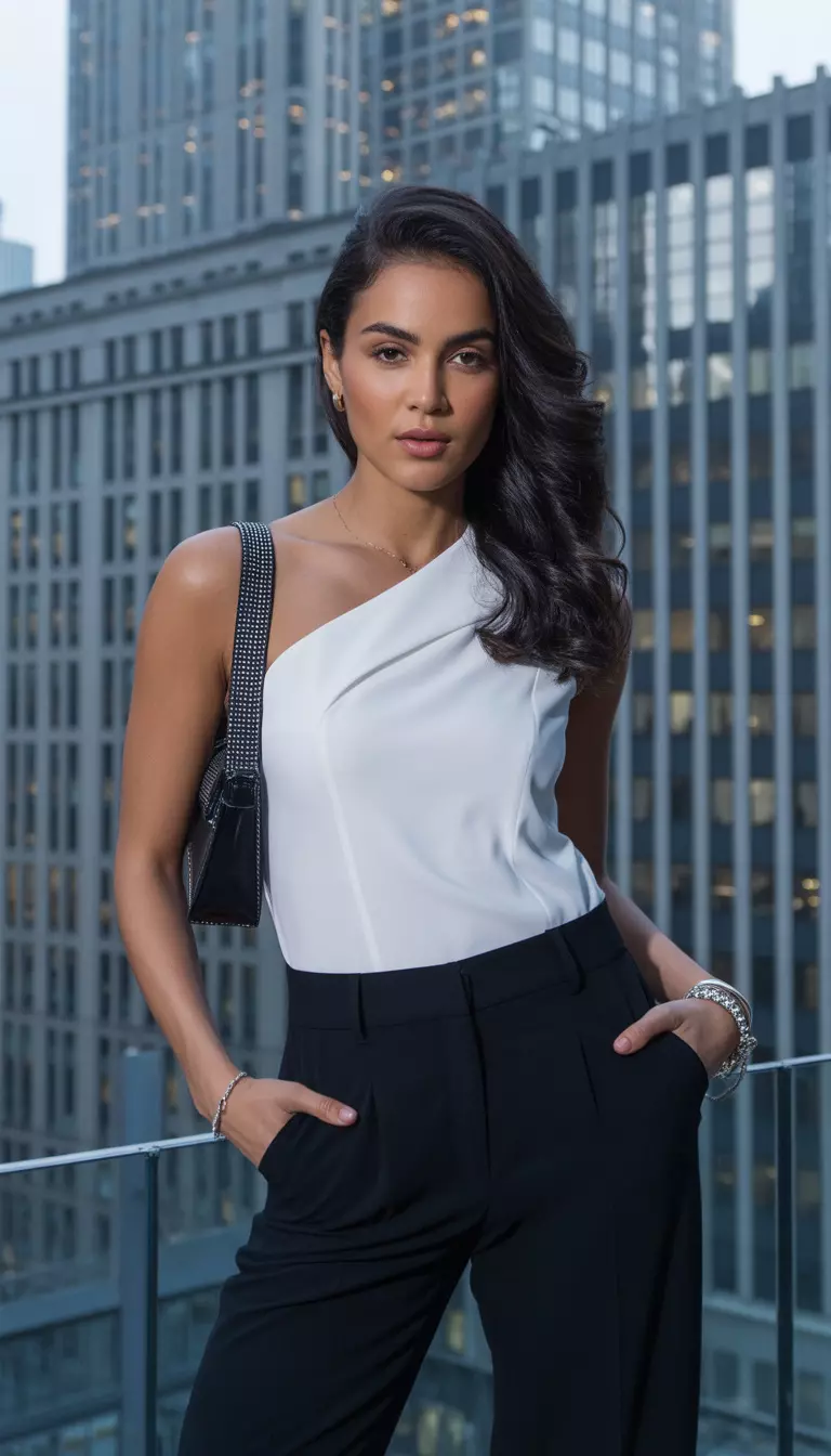 A realistic photo of a woman in a white one shoulder asymmetrical top and fitted black trousers with silver bracelets and a black studded shoulder bag.