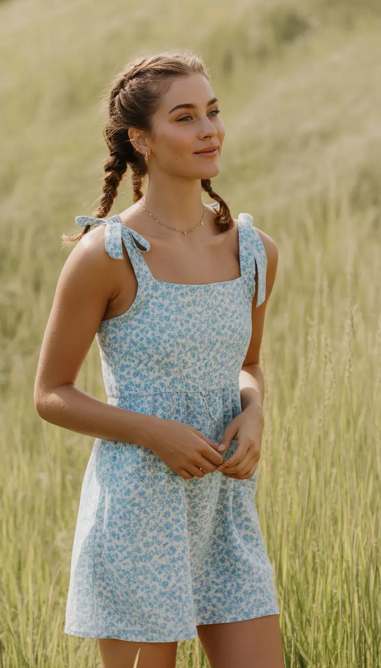 A realistic photo of a woman in a light blue and white small floral print mini dress with tie up straps and gold jewelry styling her hair in pigtail braids.