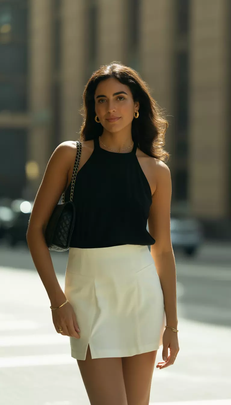 A realistic photo of a woman wearing a black halter neck sleeveless top and a white mini skirt with a black quilted shoulder bag and gold jewelry.