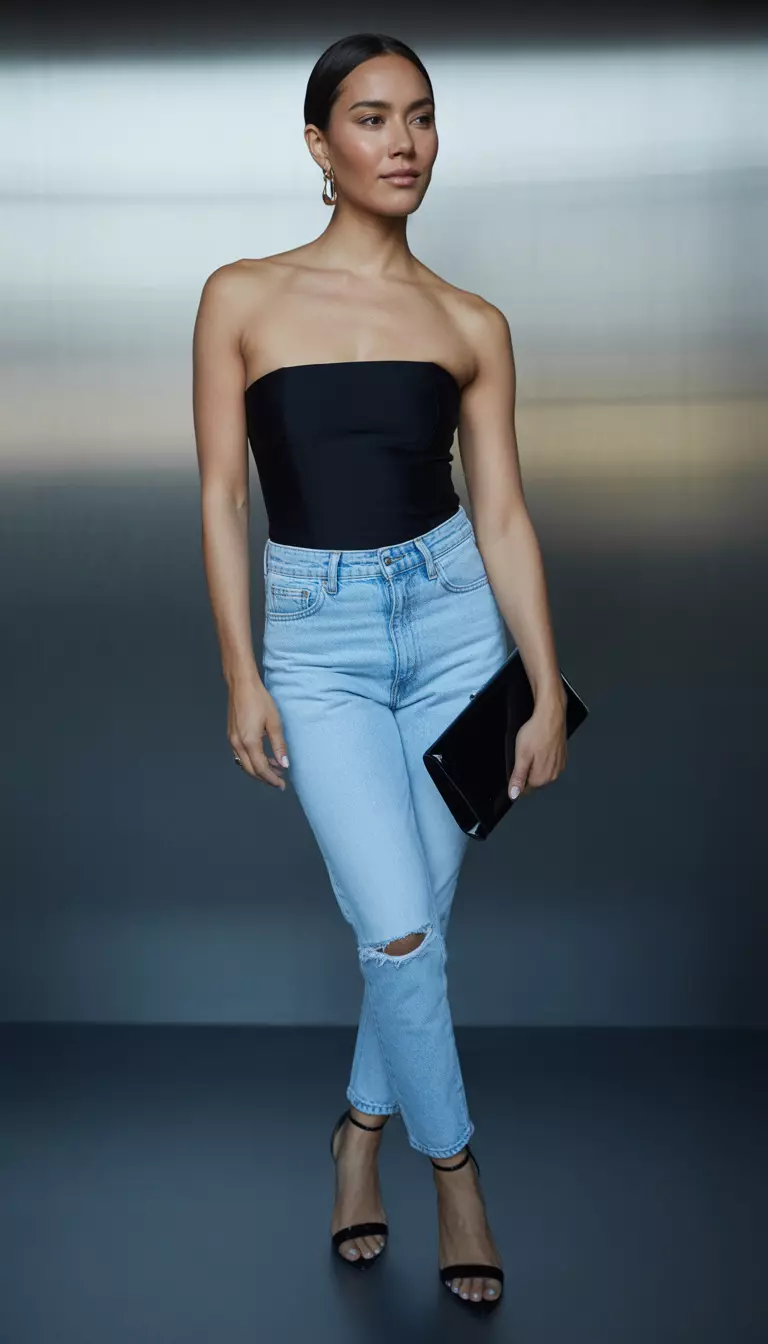 A realistic photo of a woman wearing a plunging black strapless bodysuit tucked into light wash distressed high waisted skinny jeans with black strappy heels and a black clutch.