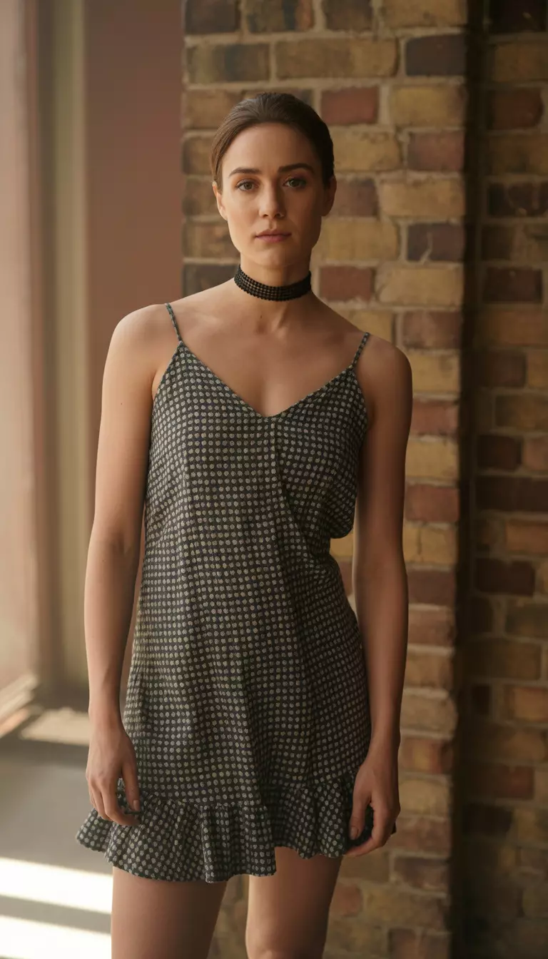 A realistic photo of a woman in a black and white polka dot cami mini dress with a ruffled hem and a black choker necklace.