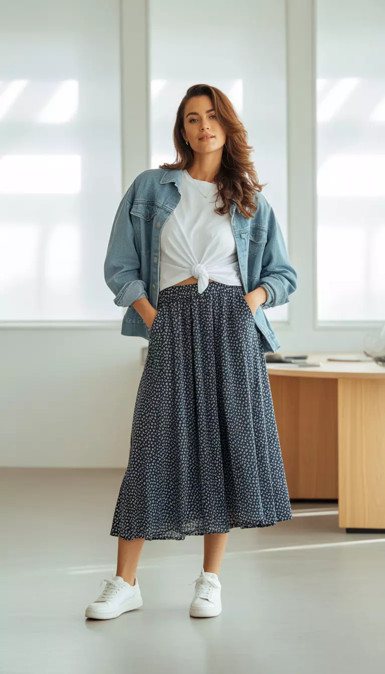 A realistic photo of a woman in a casual office setting wearing a white t-shirt knotted at the waist, a light blue denim jacket, a navy and white polka dot midi skirt, and white sneakers.