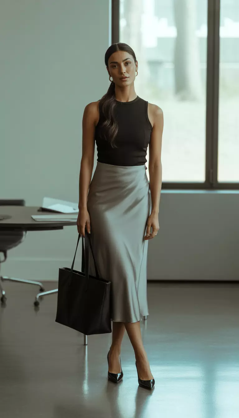 A realistic photo of a woman in an office wearing a form-fitting black sleeveless top, a light grey satin midi skirt, black pointed-toe pumps, and carrying a large black tote bag.