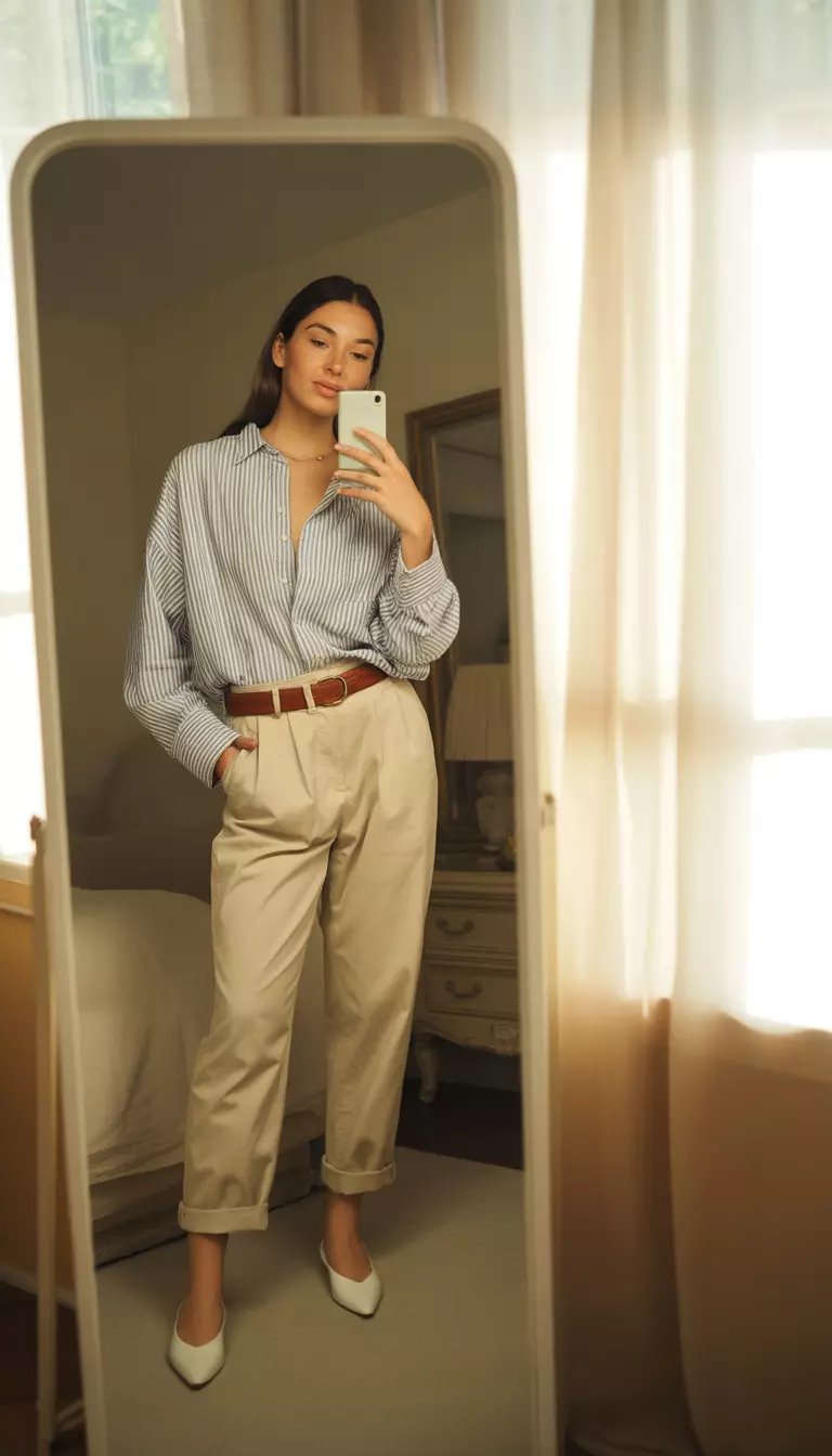 A realistic photo of a woman taking a mirror selfie wearing a loose striped button-down shirt, cuffed beige boyfriend trousers, a brown belt, and white pointed-toe flats.