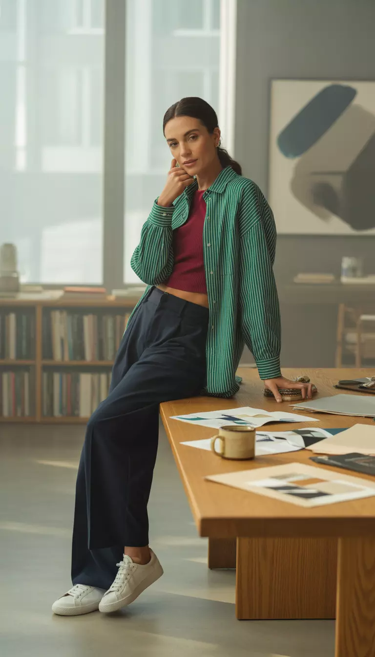 A realistic photo of a woman in a creative workspace wearing a green and white pinstripe button-down, a cropped burgundy sweater, dark navy wide-leg trousers, and white sneakers.