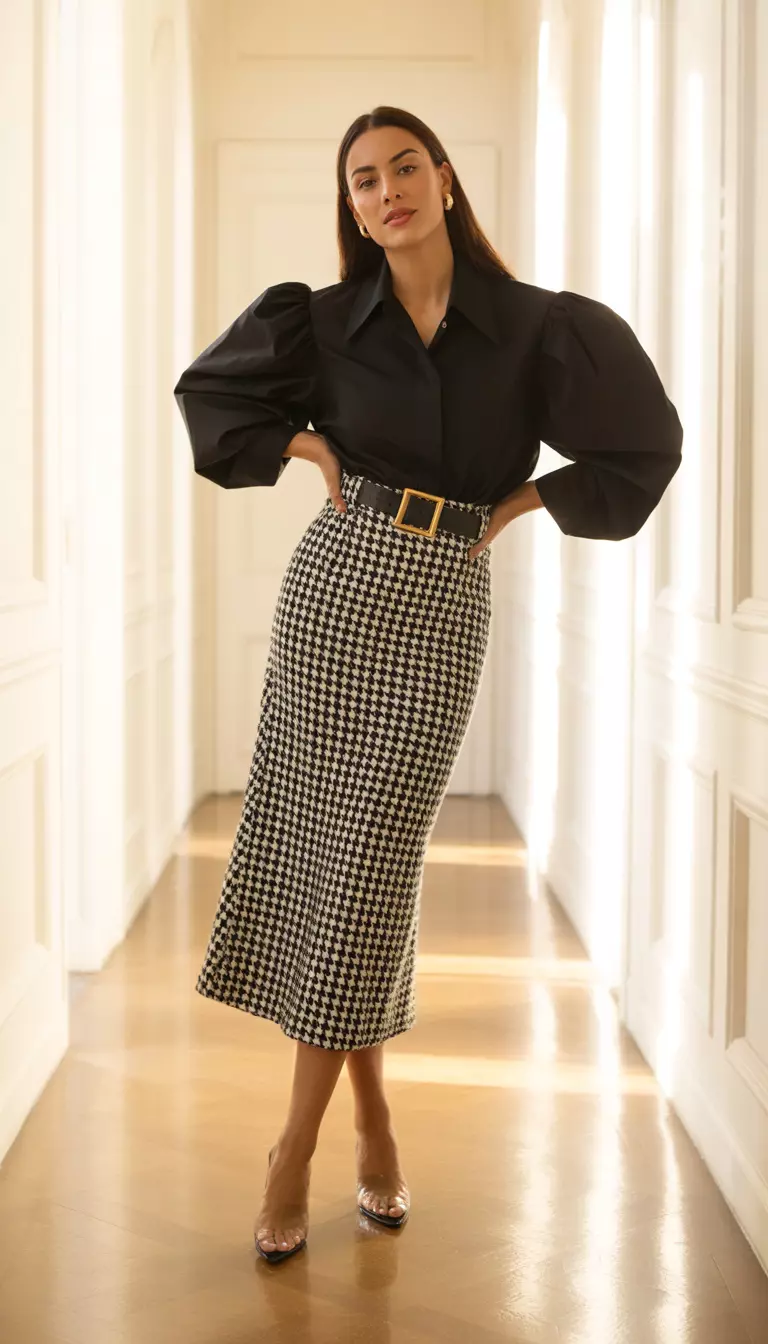 A realistic photo of a woman modeling a voluminous black button-up shirt with puff sleeves, a wide gold buckle belt, a black and white houndstooth midi skirt, and clear heels in a bright hallway.