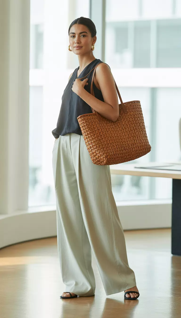 A realistic photo of a woman in a sunny office wearing a dark sleeveless top, wide-leg light cream trousers, a large woven brown leather tote bag, and simple black flat sandals.