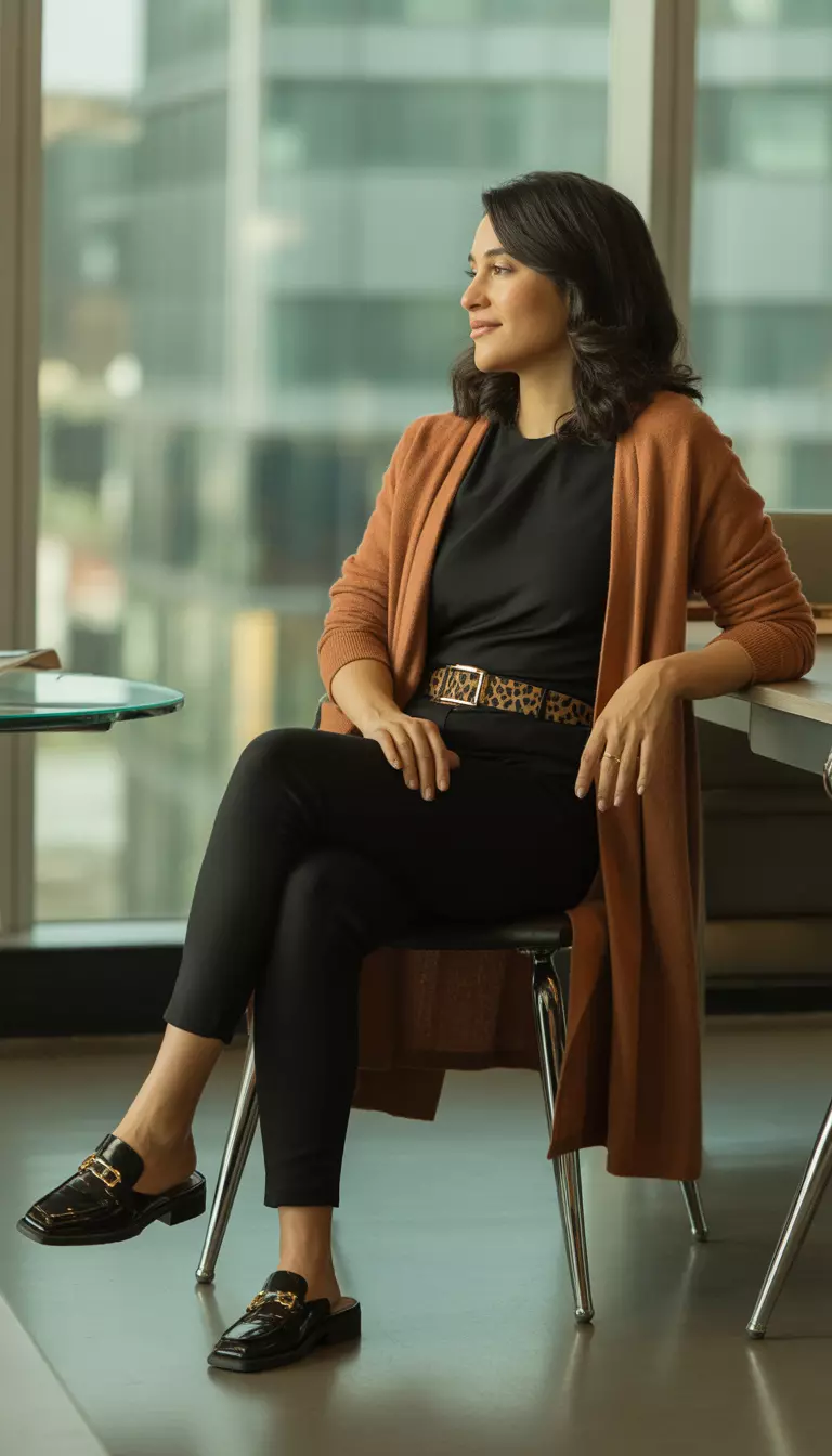 A realistic photo of a woman in a cozy office wearing a black top, black skinny pants, a leopard-print belt, a long rust-colored cardigan, and black mule loafers.