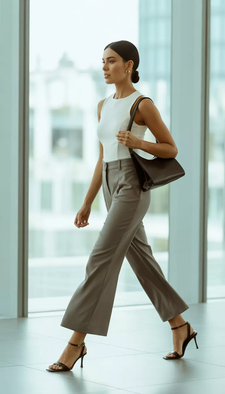 A realistic photo of a woman walking in an office wearing a fitted white sleeveless top, mid-calf flared grey trousers, a black shoulder bag, and dark brown stiletto sandals.