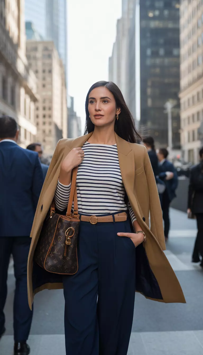 A realistic photo of a woman in a financial district wearing a navy and white striped top, high-waisted navy wide-leg trousers, a tan belt, a camel blazer, and carrying a monogrammed doctor bag.
