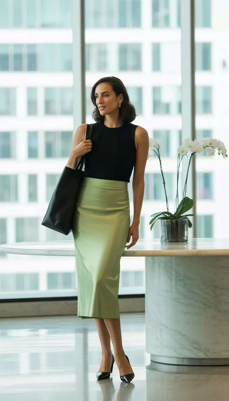 A realistic photo of a woman standing in a modern lobby wearing a fitted black sleeveless top, a light sage green midi pencil skirt, black pointed-toe heels, and carrying a large black tote bag for work essentials.