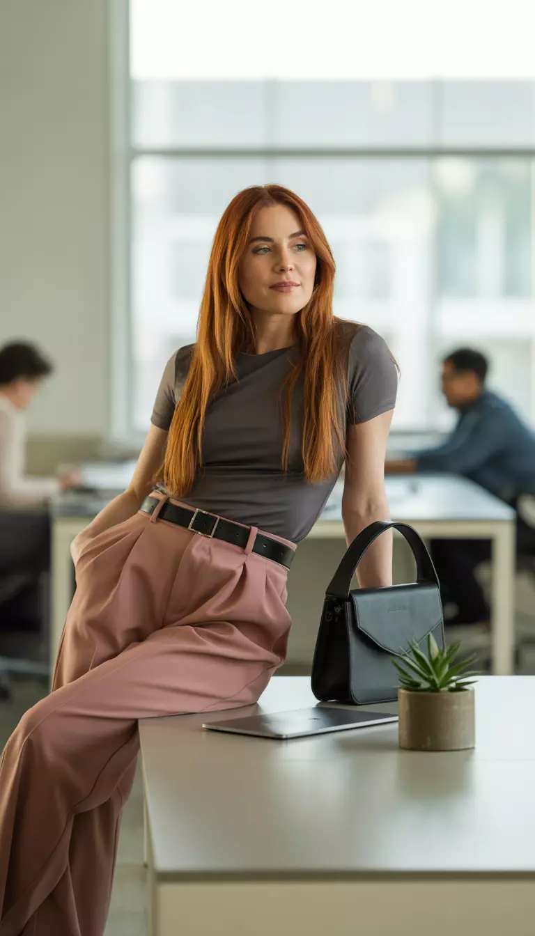 A realistic photo of a woman in a creative office wearing a dark grey fitted t-shirt, high-waisted wide-leg dusty rose trousers, a black belt, and a black shoulder bag.