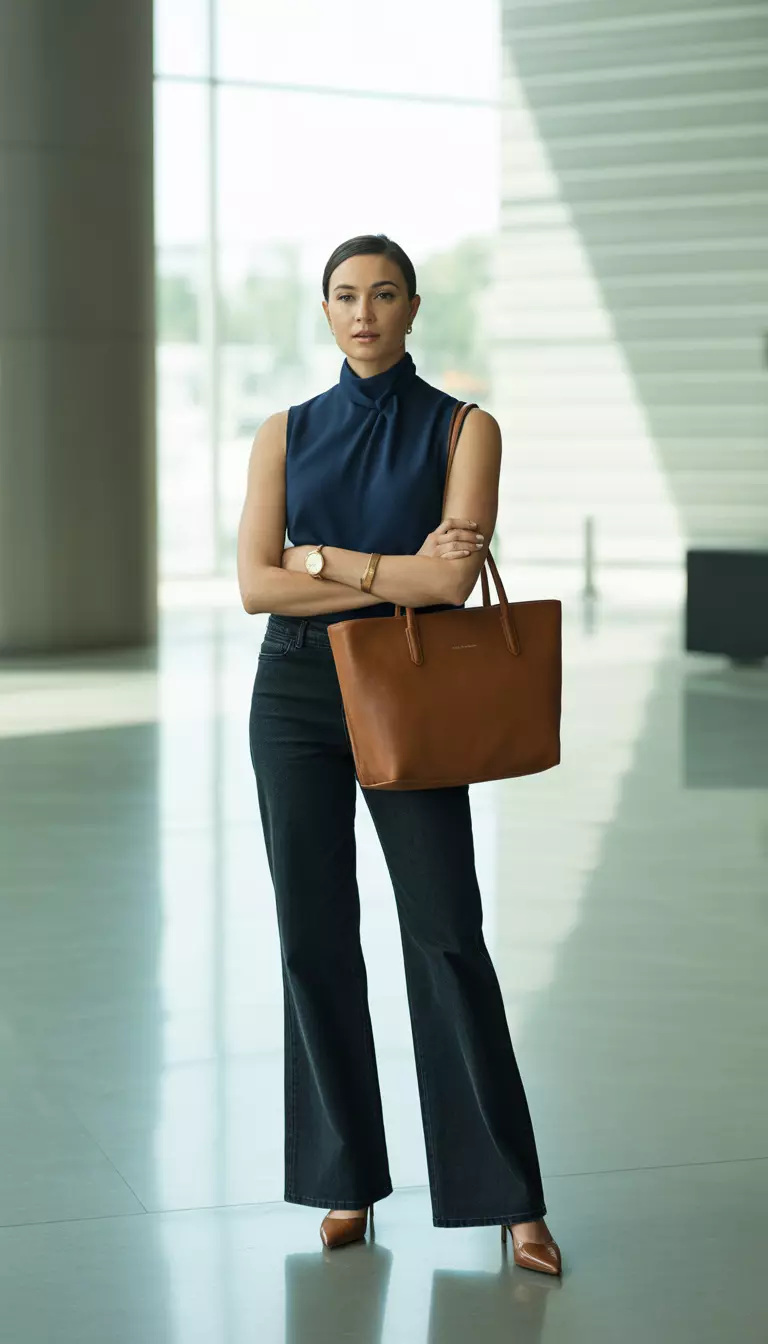 A realistic photo of a woman in a professional lobby wearing a navy blue high-neck sleeveless top, dark wash wide-leg flared pants, a brown leather tote bag, and brown heeled shoes.